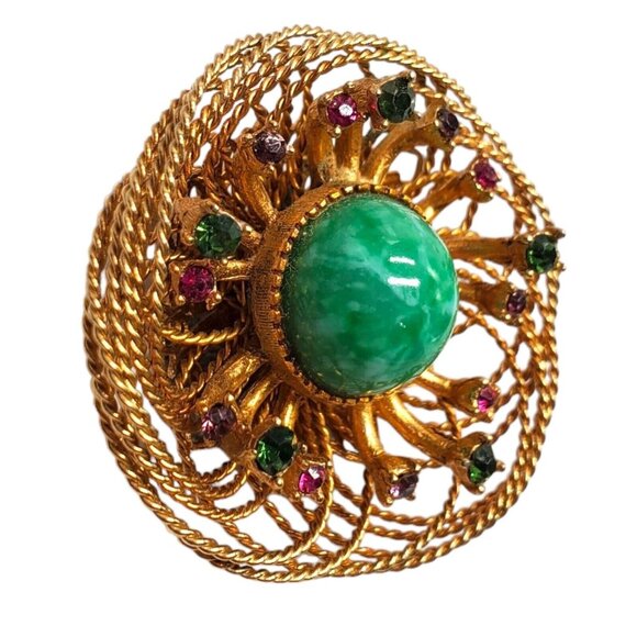 Vtg Green Peking Glass Cabochon Brooch Pink Rhinestone Intricate Wire Gold Tone - Picture 3 of 8